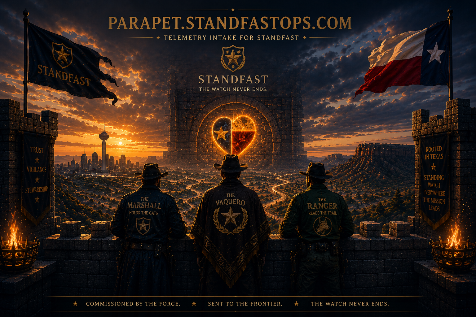 StandFast — The Marshal, the Vaquero, and the Ranger stand watch on the parapet, looking out at the frontier.